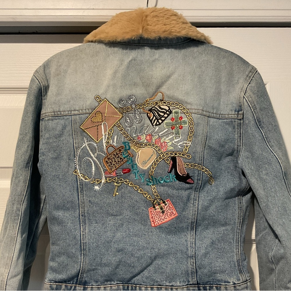 Blumarine Vintage Embroidered Purse Fur Collar Jeans Denim Jacket Y2K sz I 40